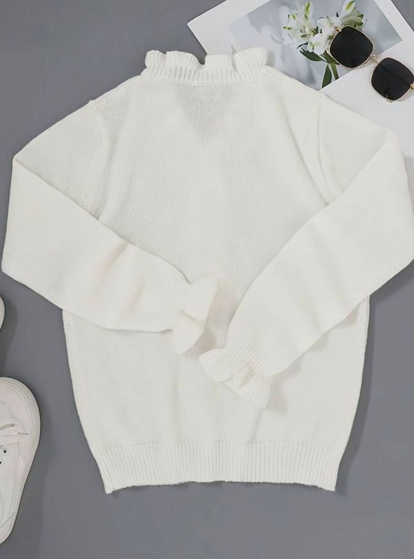 Damski sweter z dzianiny z falbanką przy dekolcie w serek i guzikami-Sweaters for Women-Olave