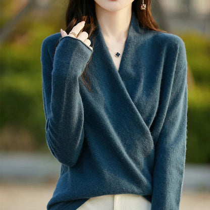 Damski sweter z dzianiny z kopertowym przodem-Sweaters for Women-Olave