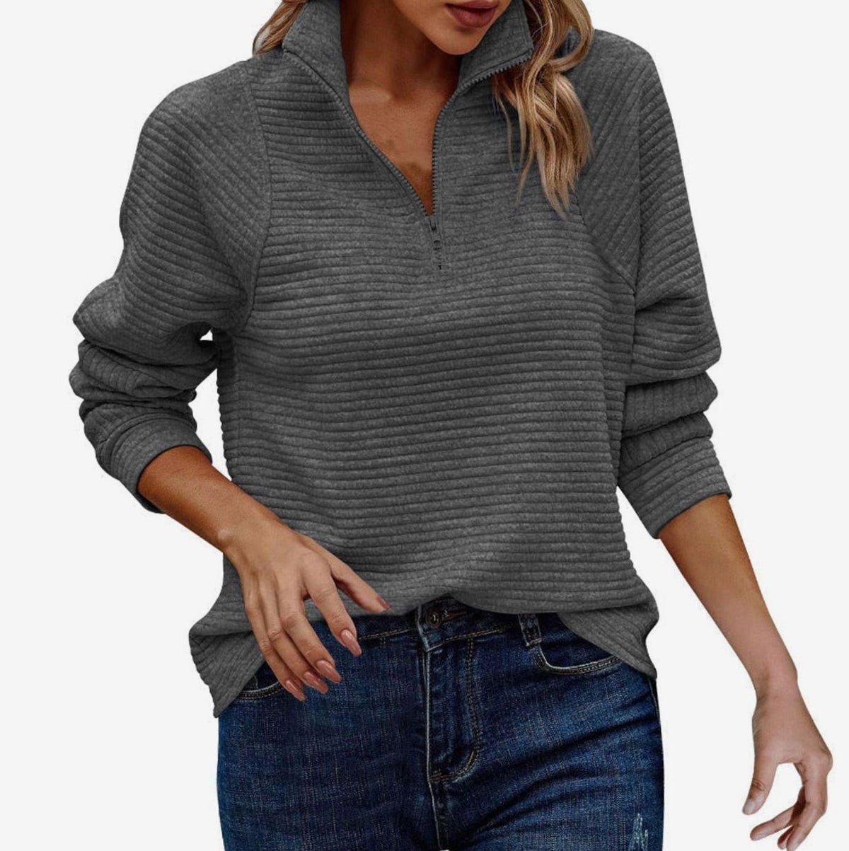 Damski sweter z suwakiem pod szyją i prążkowaną fakturą-Sweaters for Women-Olave
