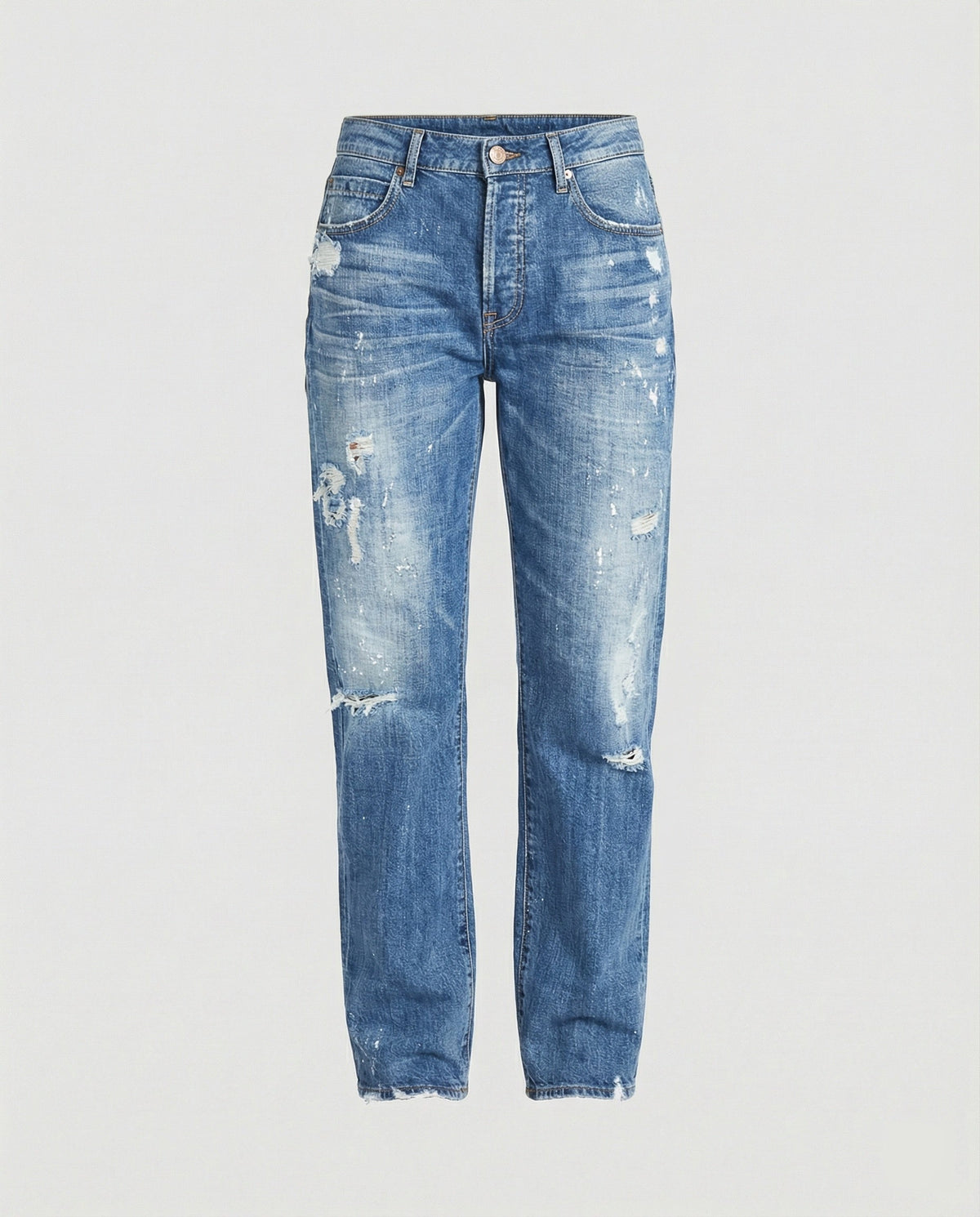 Damskie jeansy z prostymi nogawkami i przetarciami, średni stan-Pants for Women-Olave