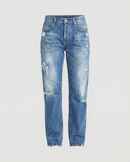 Damskie jeansy z prostymi nogawkami i przetarciami, średni stan-Pants for Women-Olave