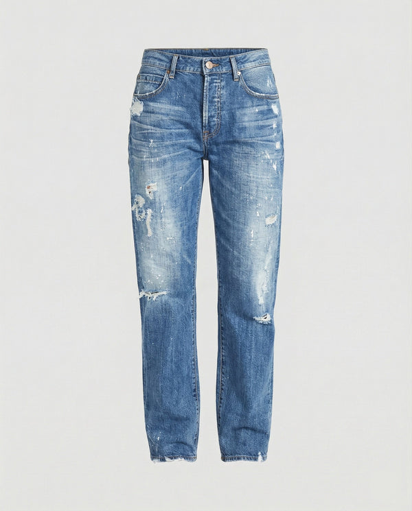 Damskie jeansy z prostymi nogawkami i przetarciami, średni stan-Pants for Women-Olave