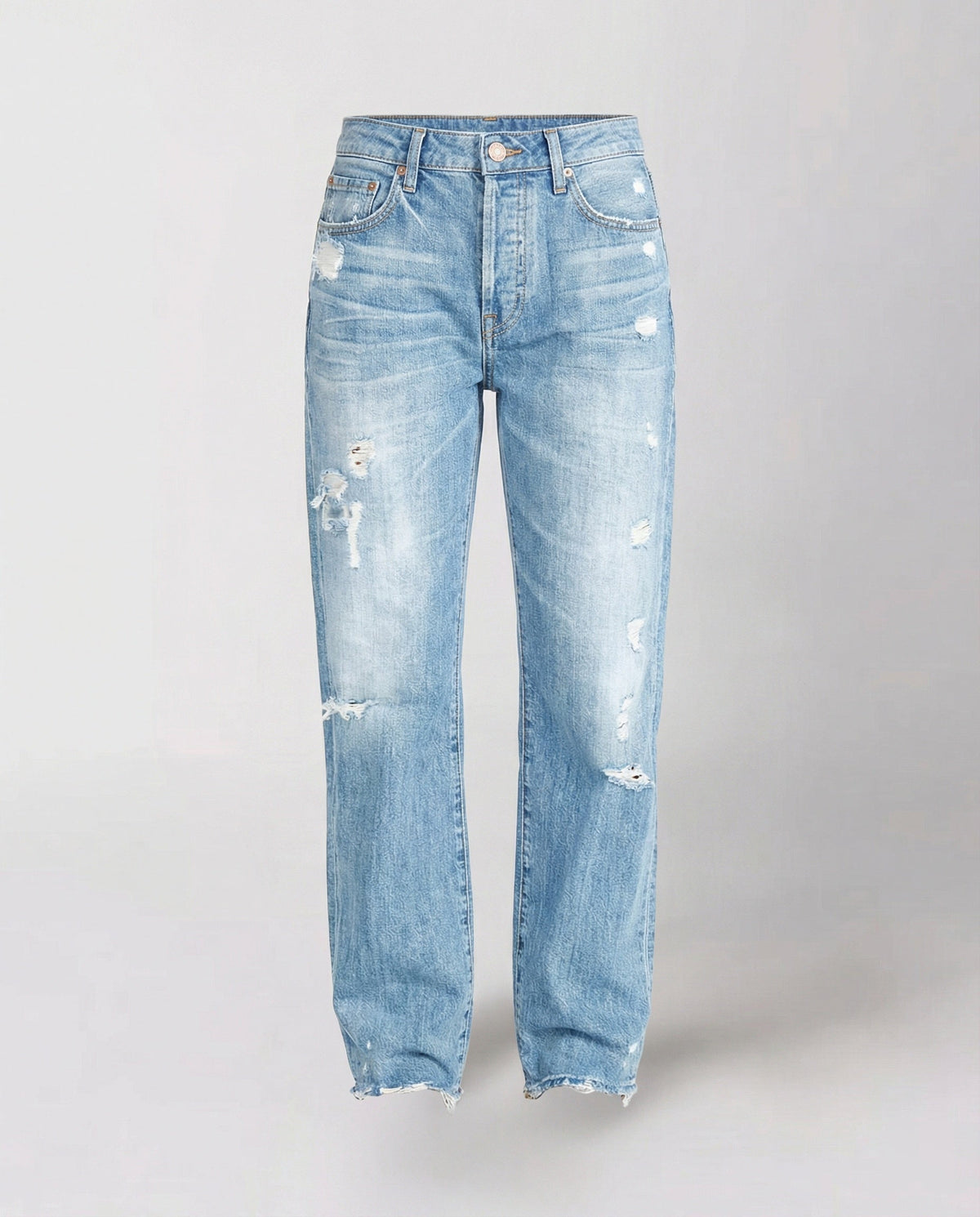 Damskie jeansy z prostymi nogawkami i przetarciami, średni stan-Pants for Women-Olave