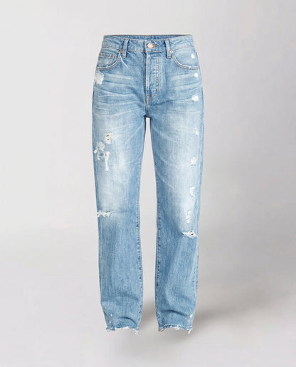 Damskie jeansy z prostymi nogawkami i przetarciami, średni stan-Pants for Women-Olave
