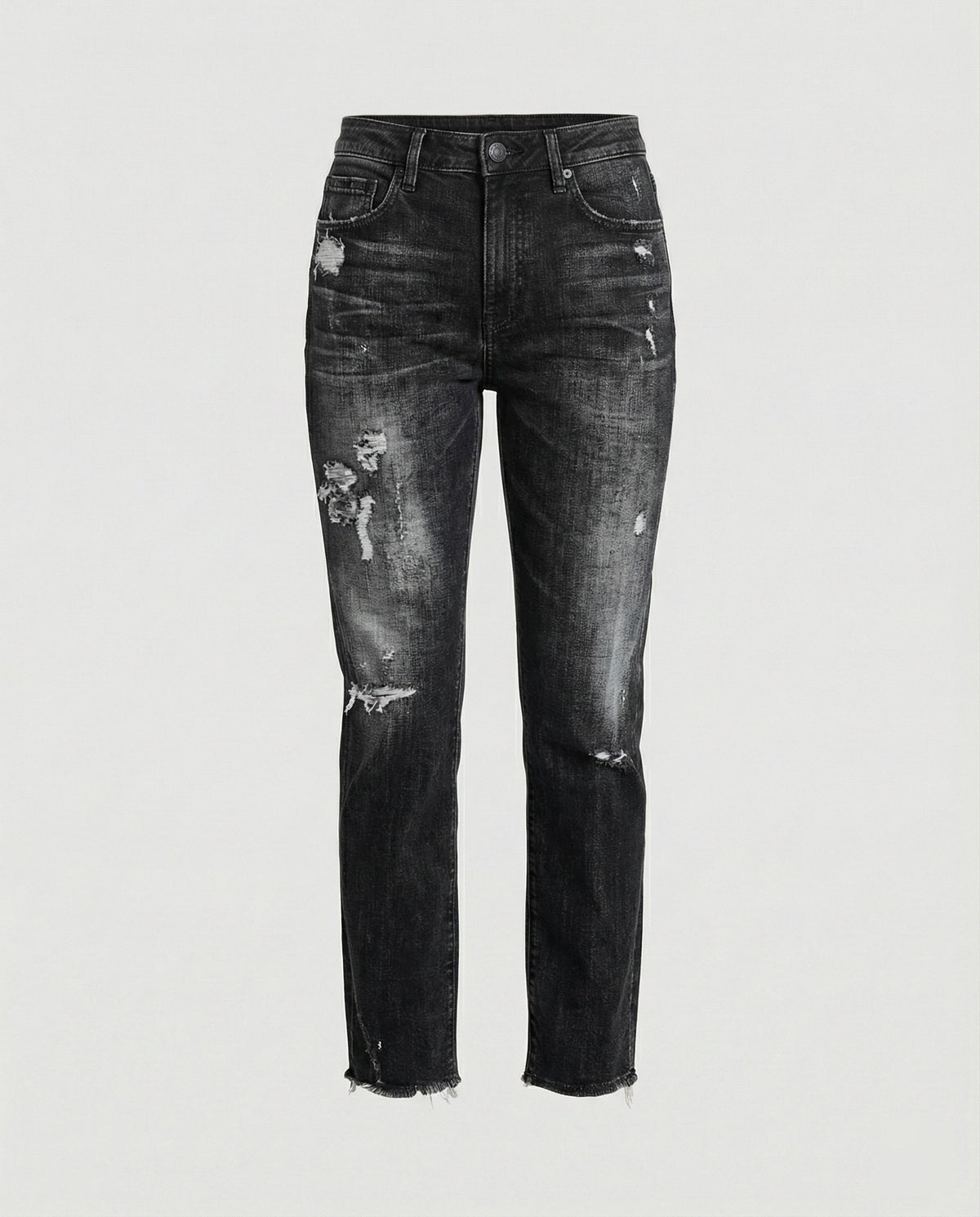 Damskie jeansy z prostymi nogawkami i przetarciami, średni stan-Pants for Women-Olave