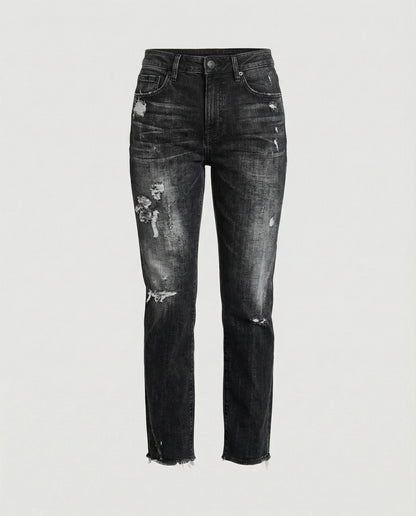 Damskie jeansy z prostymi nogawkami i przetarciami, średni stan-Pants for Women-Olave