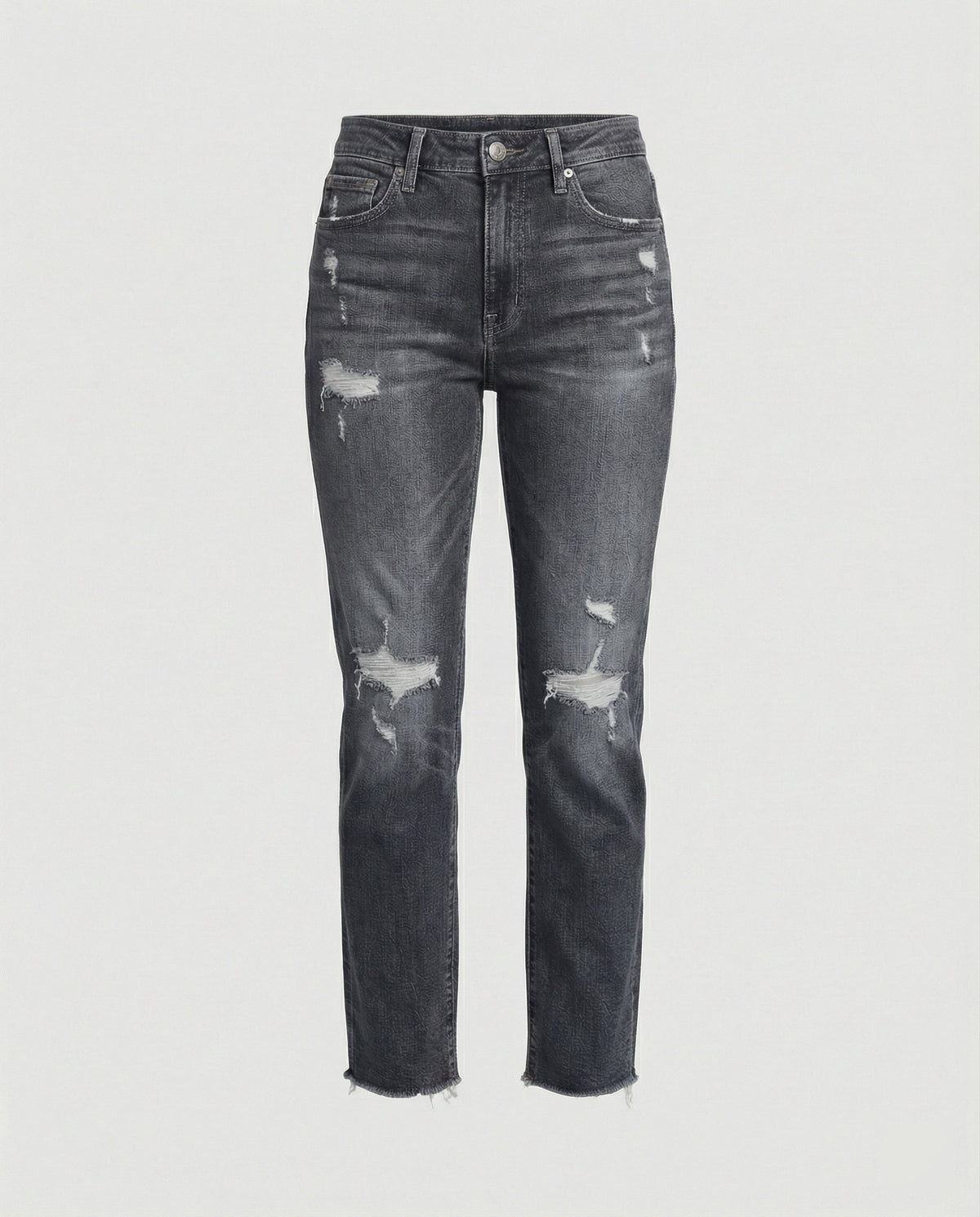 Damskie jeansy z prostymi nogawkami i przetarciami, średni stan-Pants for Women-Olave