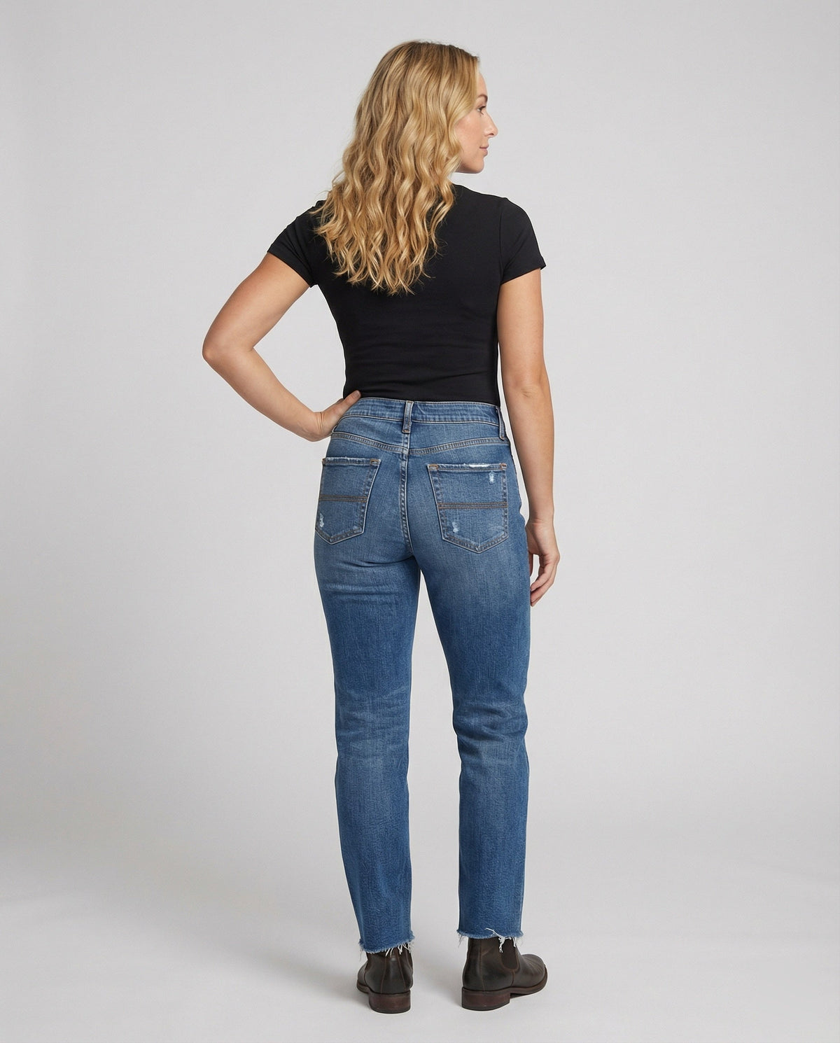 Damskie jeansy z prostymi nogawkami i przetarciami, średni stan-Pants for Women-Olave