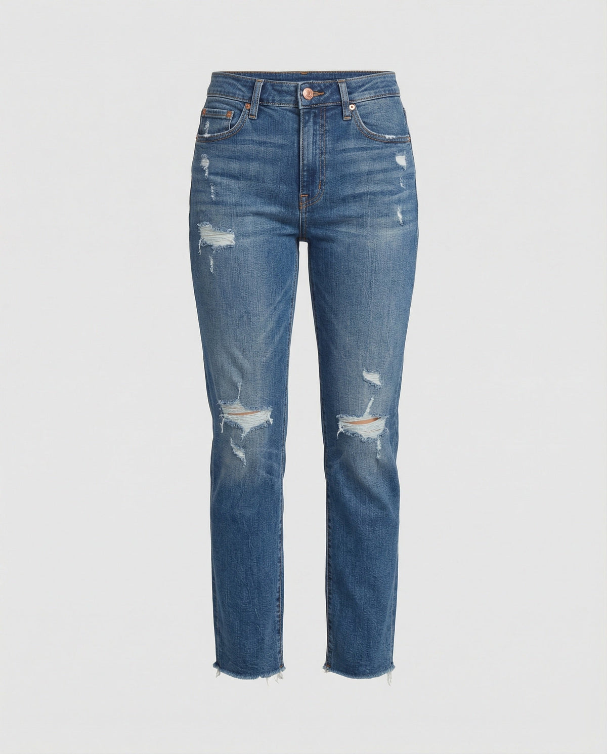 Damskie jeansy z prostymi nogawkami i przetarciami, średni stan-Pants for Women-Olave