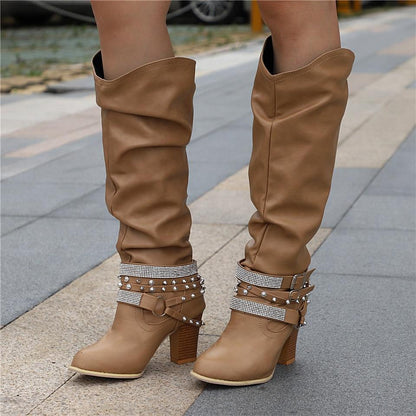 Damskie kozaki za kolano typu slouch z paskami z ćwiekami-Footwear for women-Olave