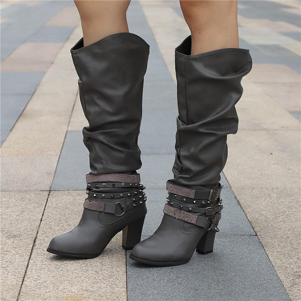 Damskie kozaki za kolano typu slouch z paskami z ćwiekami-Footwear for women-Olave