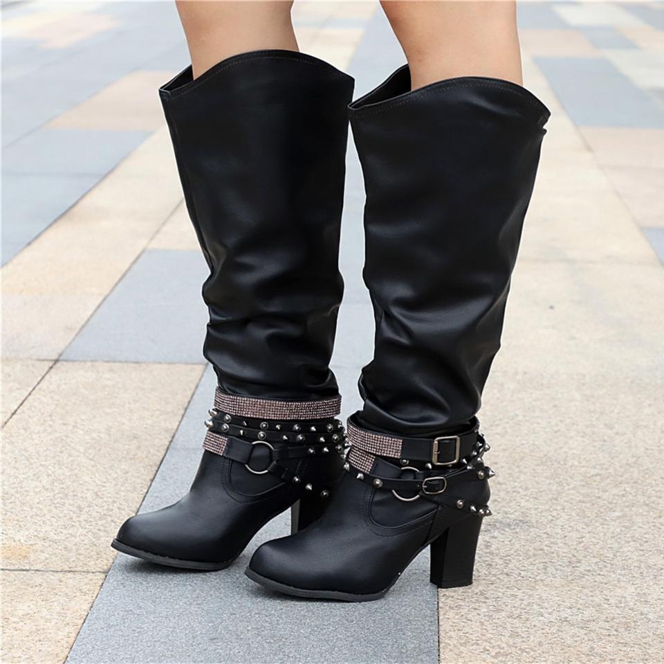 Damskie kozaki za kolano typu slouch z paskami z ćwiekami-Footwear for women-Olave