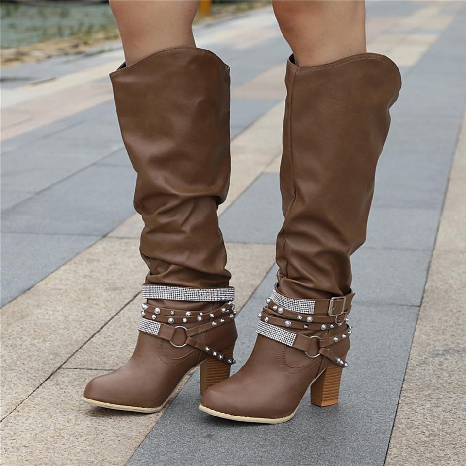 Damskie kozaki za kolano typu slouch z paskami z ćwiekami-Footwear for women-Olave