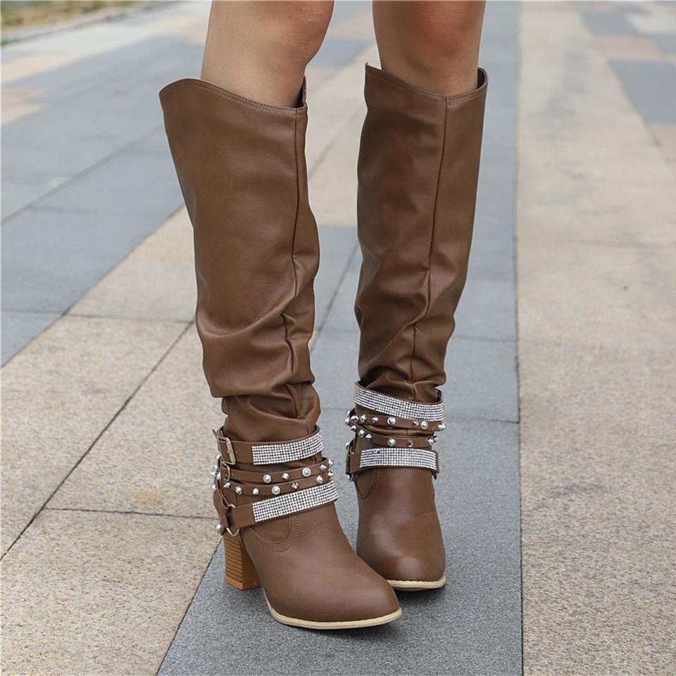 Damskie kozaki za kolano typu slouch z paskami z ćwiekami-Footwear for women-Olave