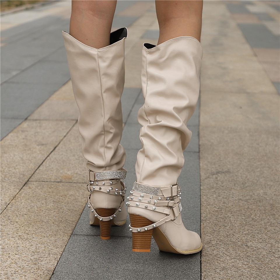 Damskie kozaki za kolano typu slouch z paskami z ćwiekami-Footwear for women-Olave