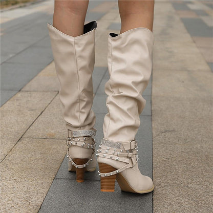 Damskie kozaki za kolano typu slouch z paskami z ćwiekami-Footwear for women-Olave