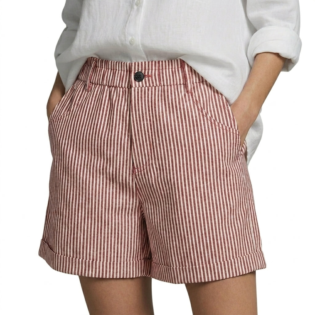 Damskie krótkie spodenki w pionowe paski z wysokim stanem i wywiniętymi nogawkami-Shorts for women-Olave