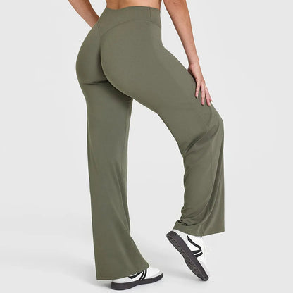 Damskie spodnie do jogi z wysokim stanem i szerokimi nogawkami-Pants for Women-Olave