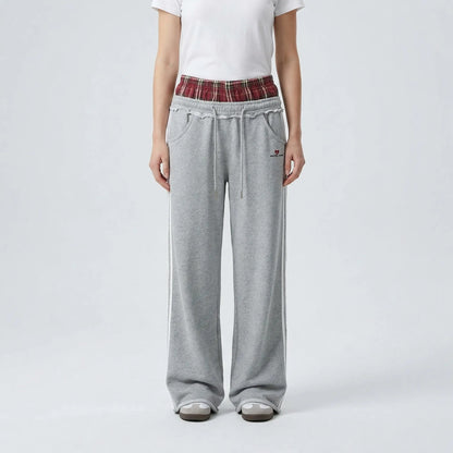 Damskie spodnie dresowe z szerokimi nogawkami i pasem w kratę-Pants for Women-Olave