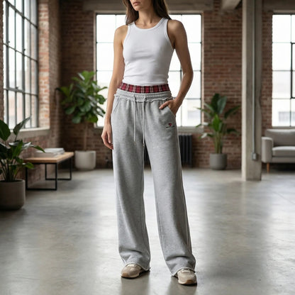 Damskie spodnie dresowe z szerokimi nogawkami i pasem w kratę-Pants for Women-Olave