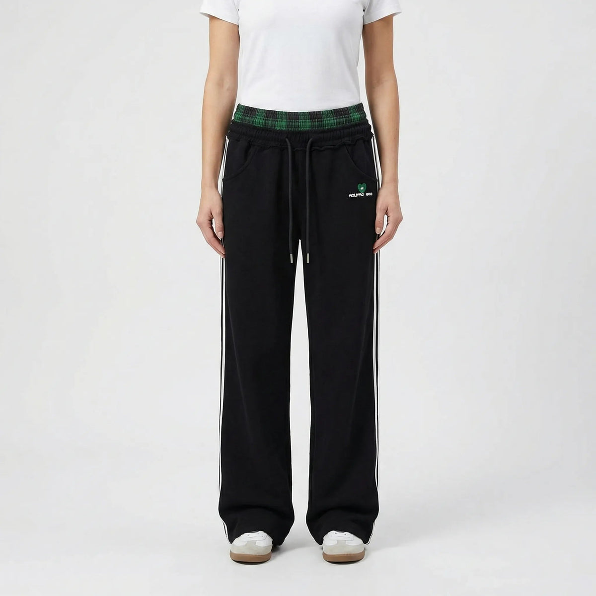 Damskie spodnie dresowe z szerokimi nogawkami i pasem w kratę-Pants for Women-Olave