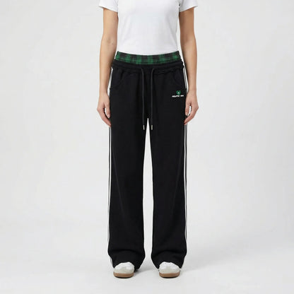 Damskie spodnie dresowe z szerokimi nogawkami i pasem w kratę-Pants for Women-Olave