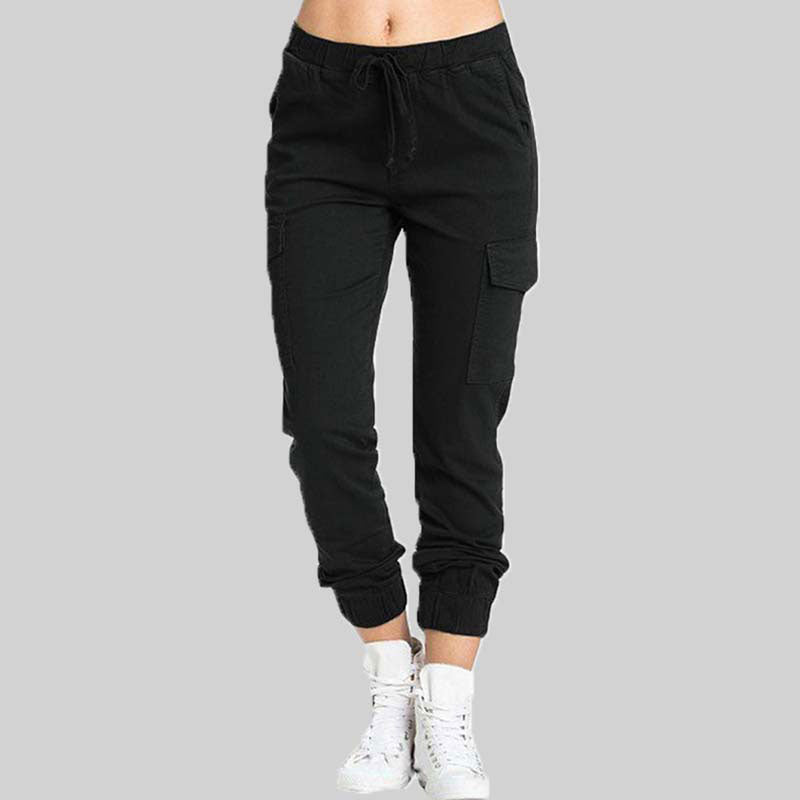 Damskie spodnie joggery typu cargo z wiązaną talią-Pants for Women-Olave