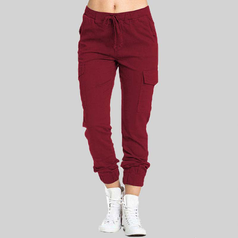 Damskie spodnie joggery typu cargo z wiązaną talią-Pants for Women-Olave