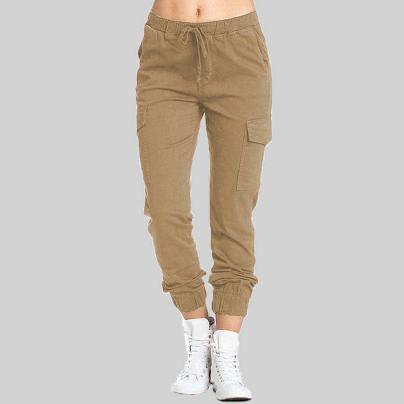 Damskie spodnie joggery typu cargo z wiązaną talią-Pants for Women-Olave