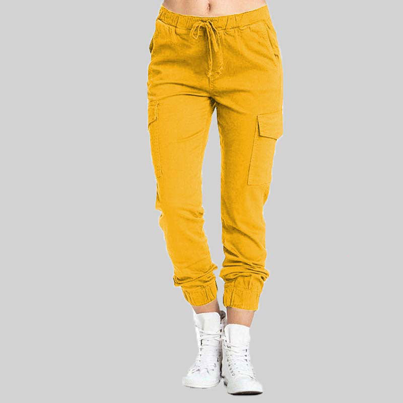 Damskie spodnie joggery typu cargo z wiązaną talią-Pants for Women-Olave
