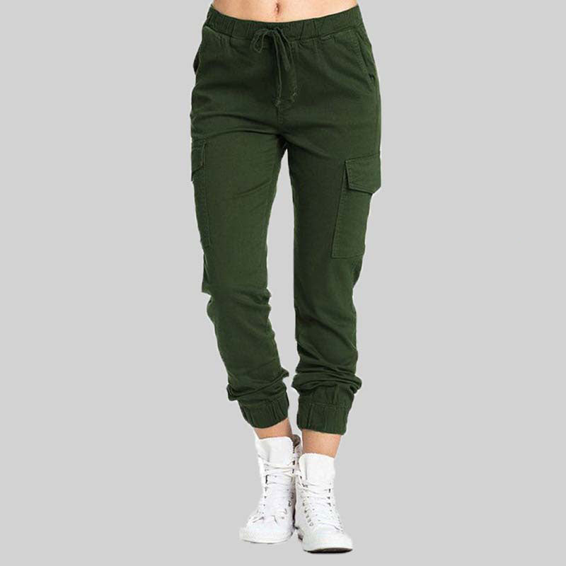 Damskie spodnie joggery typu cargo z wiązaną talią-Pants for Women-Olave
