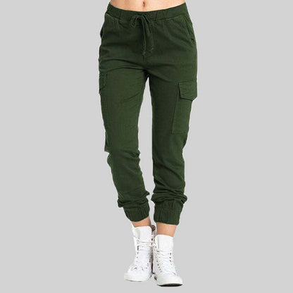 Damskie spodnie joggery typu cargo z wiązaną talią-Pants for Women-Olave