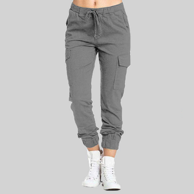 Damskie spodnie joggery typu cargo z wiązaną talią-Pants for Women-Olave