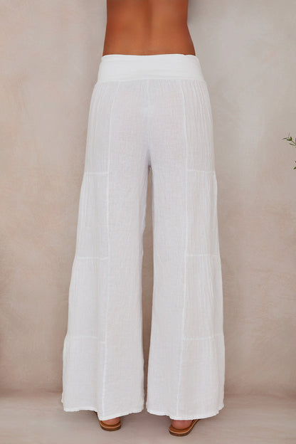 Damskie spodnie palazzo z szerokimi nogawkami i falbanami-Pants for Women-Olave