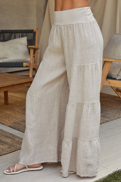 Damskie spodnie palazzo z szerokimi nogawkami i falbanami-Pants for Women-Olave