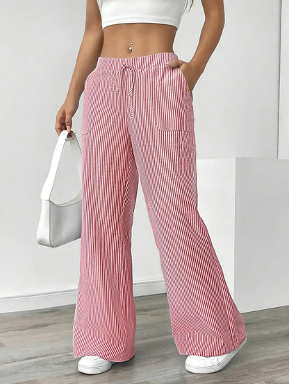 Damskie spodnie w paski z szerokimi nogawkami i sznurkiem-Pants for Women-Olave