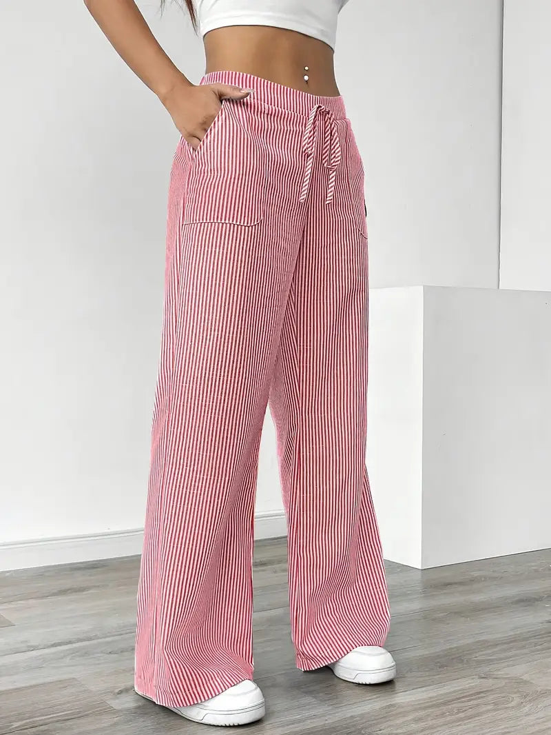 Damskie spodnie w paski z szerokimi nogawkami i sznurkiem-Pants for Women-Olave