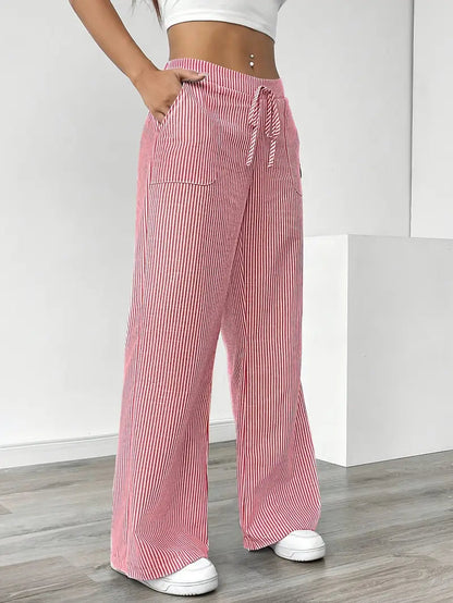 Damskie spodnie w paski z szerokimi nogawkami i sznurkiem-Pants for Women-Olave