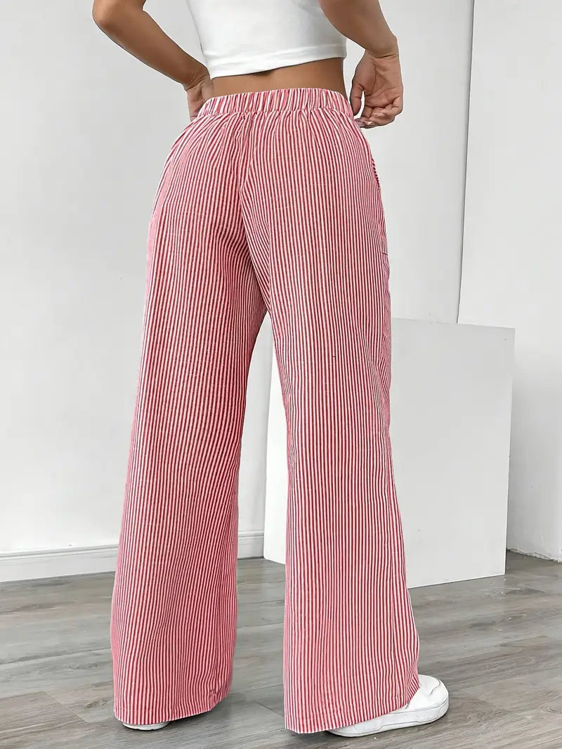 Damskie spodnie w paski z szerokimi nogawkami i sznurkiem-Pants for Women-Olave