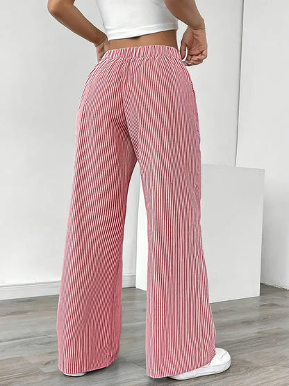Damskie spodnie w paski z szerokimi nogawkami i sznurkiem-Pants for Women-Olave