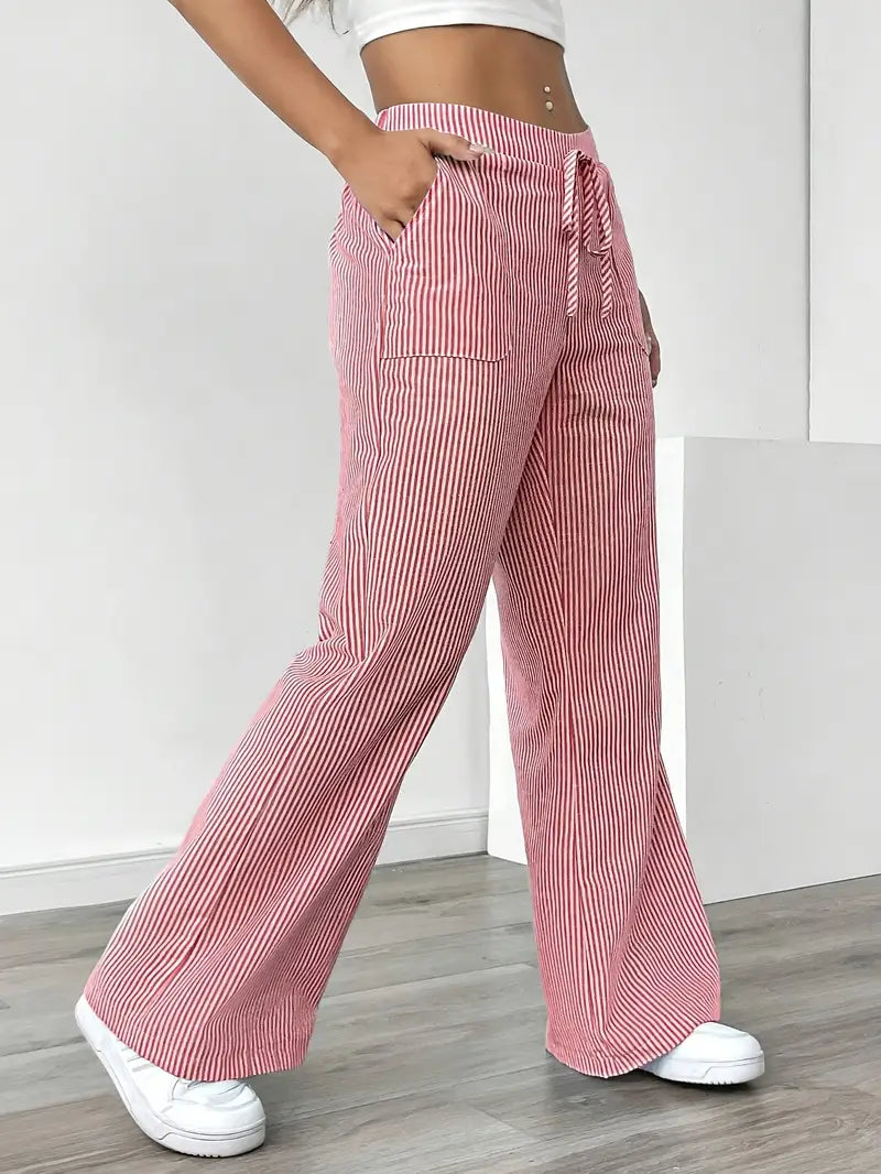 Damskie spodnie w paski z szerokimi nogawkami i sznurkiem-Pants for Women-Olave