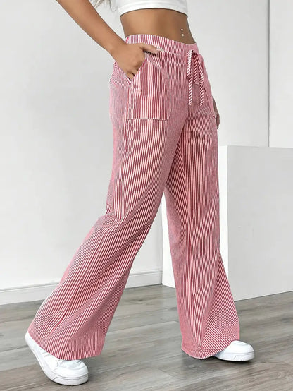 Damskie spodnie w paski z szerokimi nogawkami i sznurkiem-Pants for Women-Olave