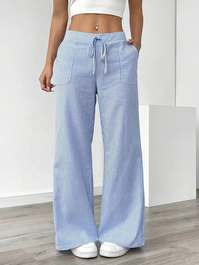 Damskie spodnie w paski z szerokimi nogawkami i sznurkiem-Pants for Women-Olave