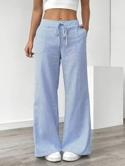 Damskie spodnie w paski z szerokimi nogawkami i sznurkiem-Pants for Women-Olave