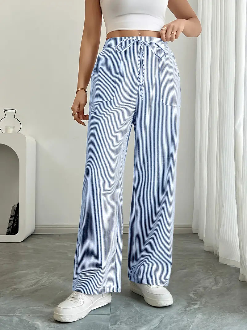 Damskie spodnie w paski z szerokimi nogawkami i sznurkiem-Pants for Women-Olave