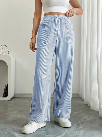 Damskie spodnie w paski z szerokimi nogawkami i sznurkiem-Pants for Women-Olave
