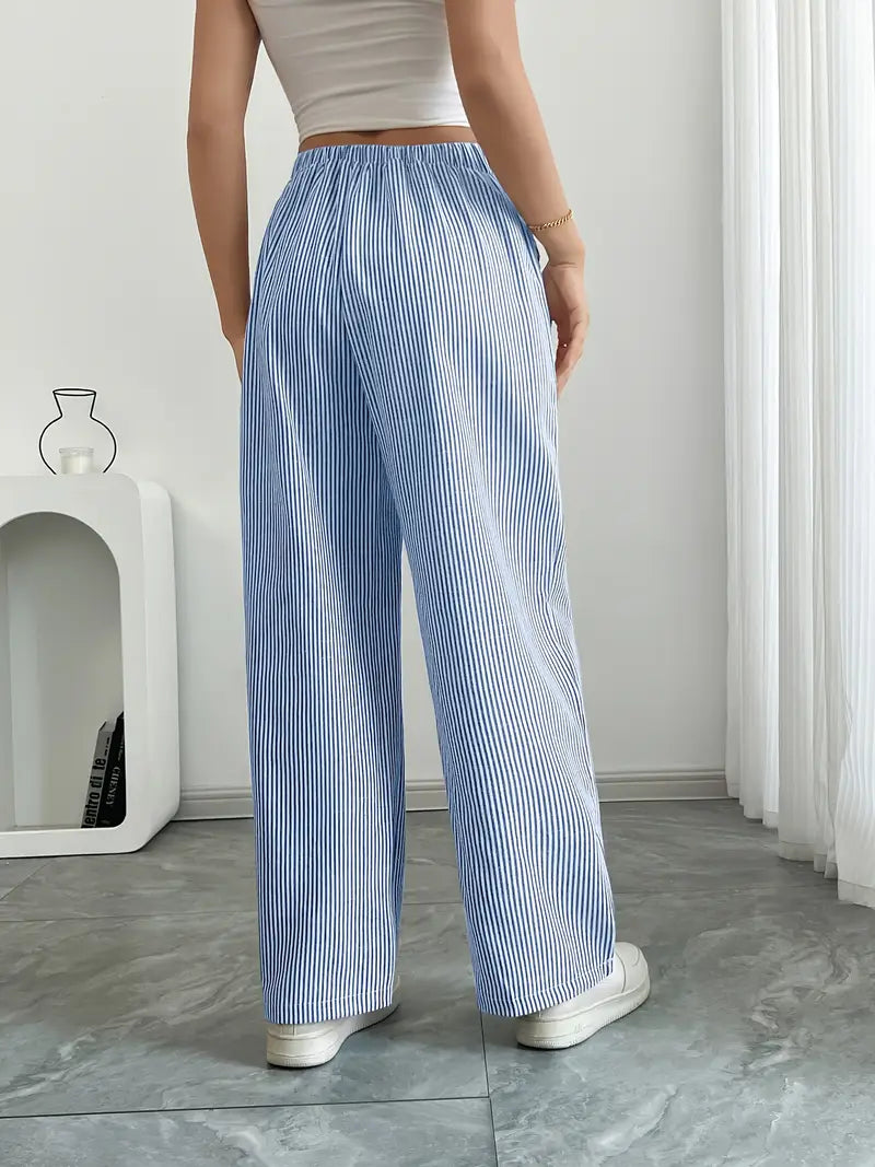 Damskie spodnie w paski z szerokimi nogawkami i sznurkiem-Pants for Women-Olave