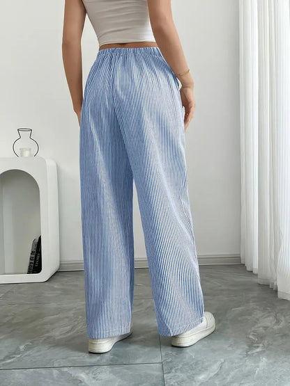 Damskie spodnie w paski z szerokimi nogawkami i sznurkiem-Pants for Women-Olave