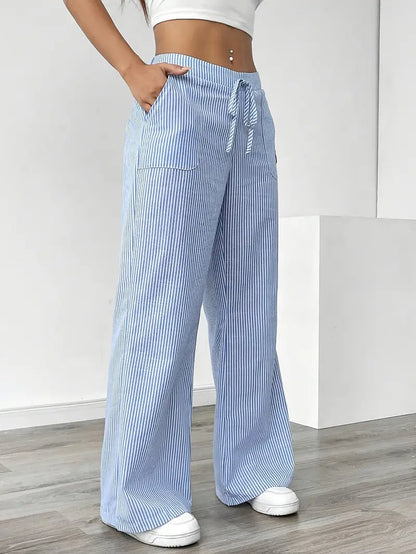 Damskie spodnie w paski z szerokimi nogawkami i sznurkiem-Pants for Women-Olave