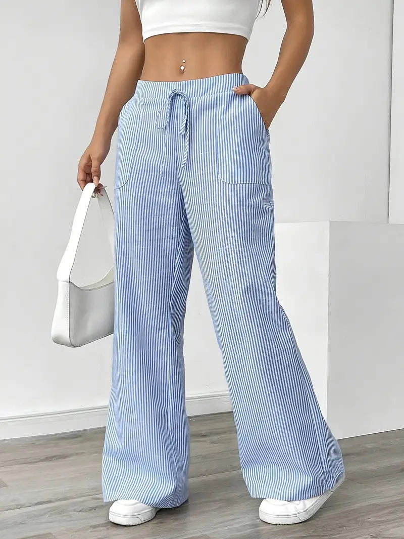 Damskie spodnie w paski z szerokimi nogawkami i sznurkiem-Pants for Women-Olave